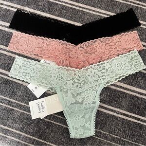 Hanky Panky Daily Lace Low Rise Thong Lot Three Black Cool Sage Pink New NWT